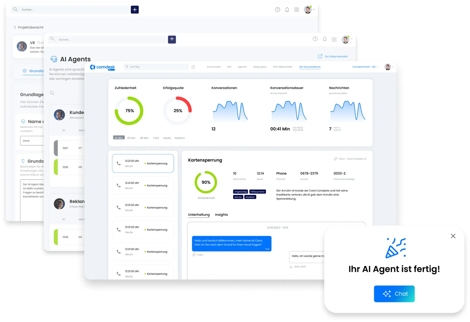 Screens of the Comdesk AI Architect web app: agent setup, analytics dashboard and a notification that the AI agent is ready