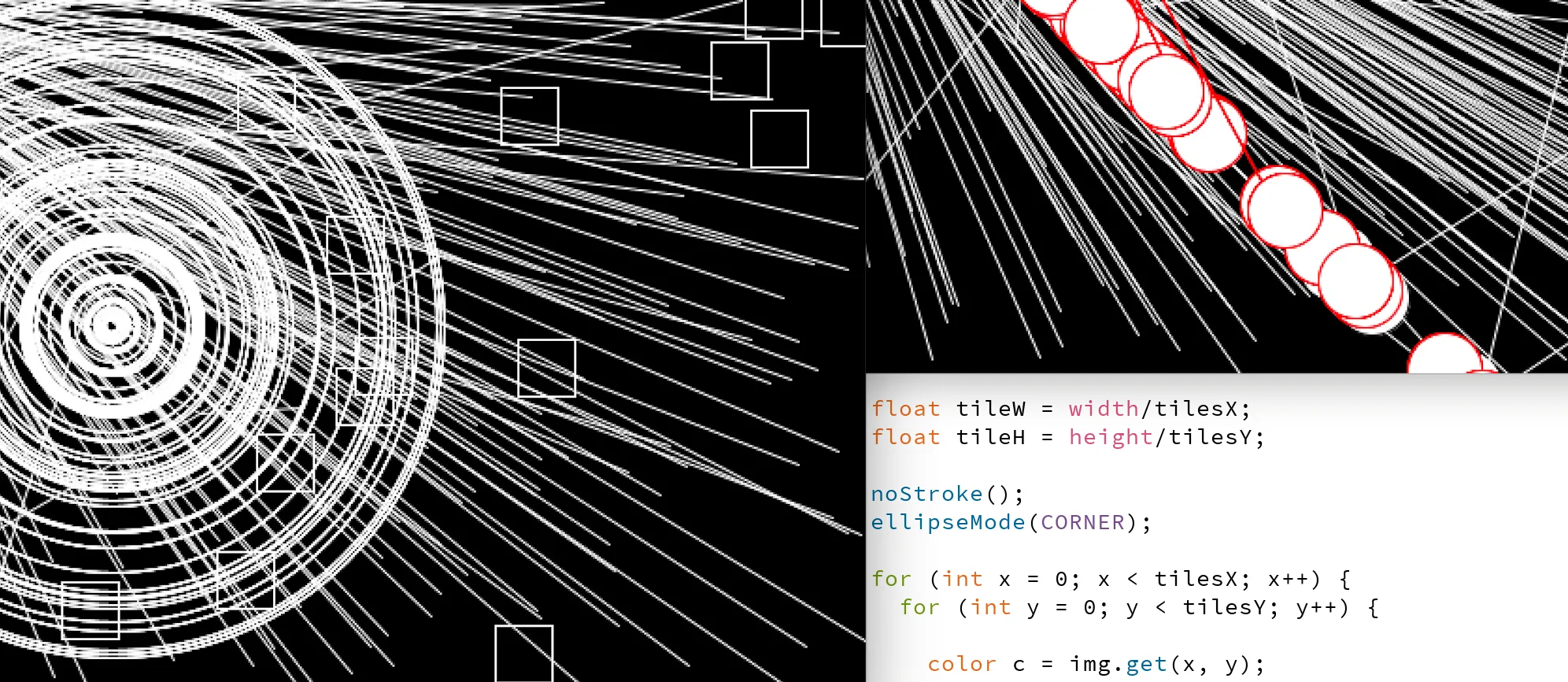 Generative line drawings next to Processing code