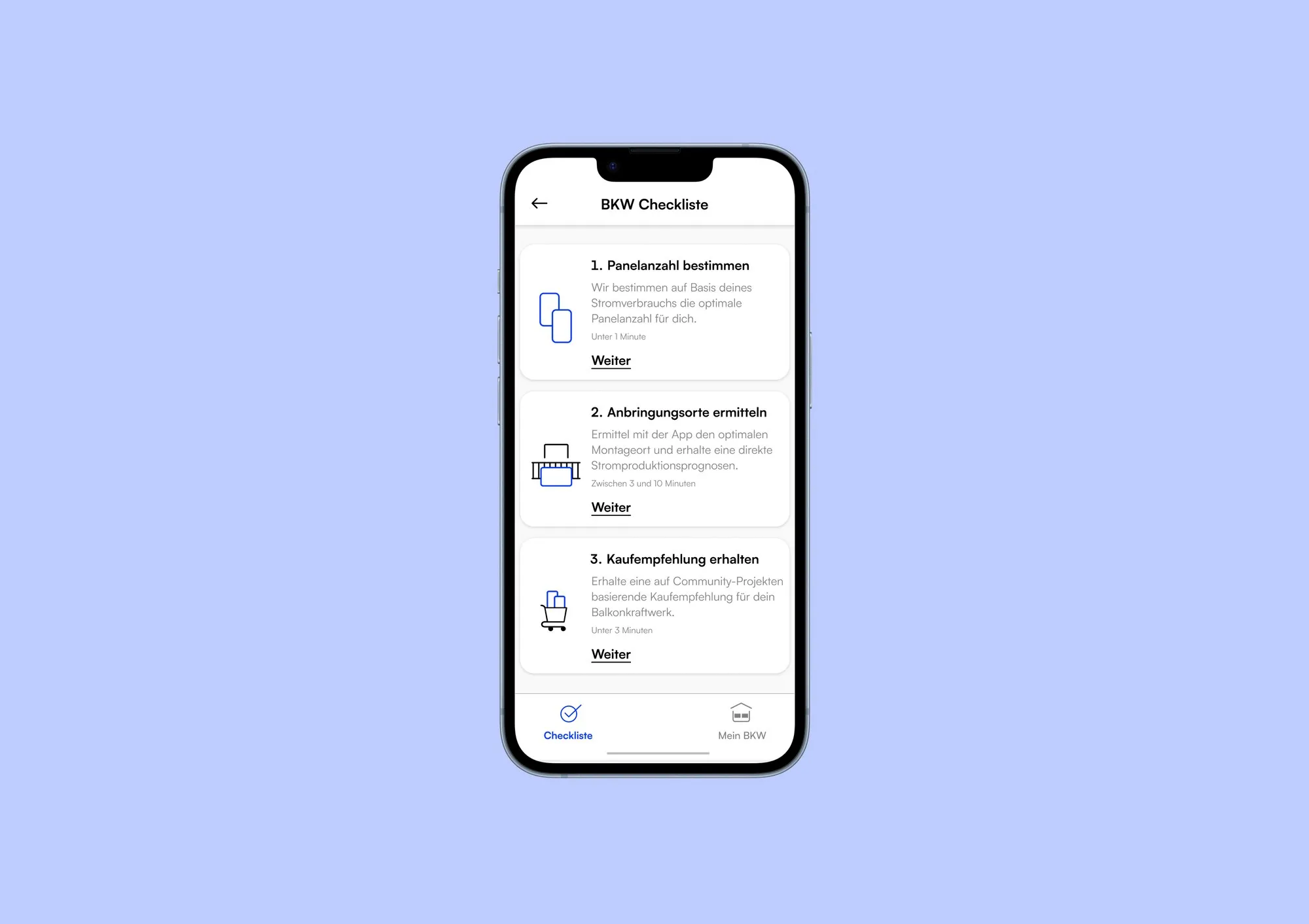 Checklist screen with three steps: determine number of panels, find mounting spots, get a purchase recommendation