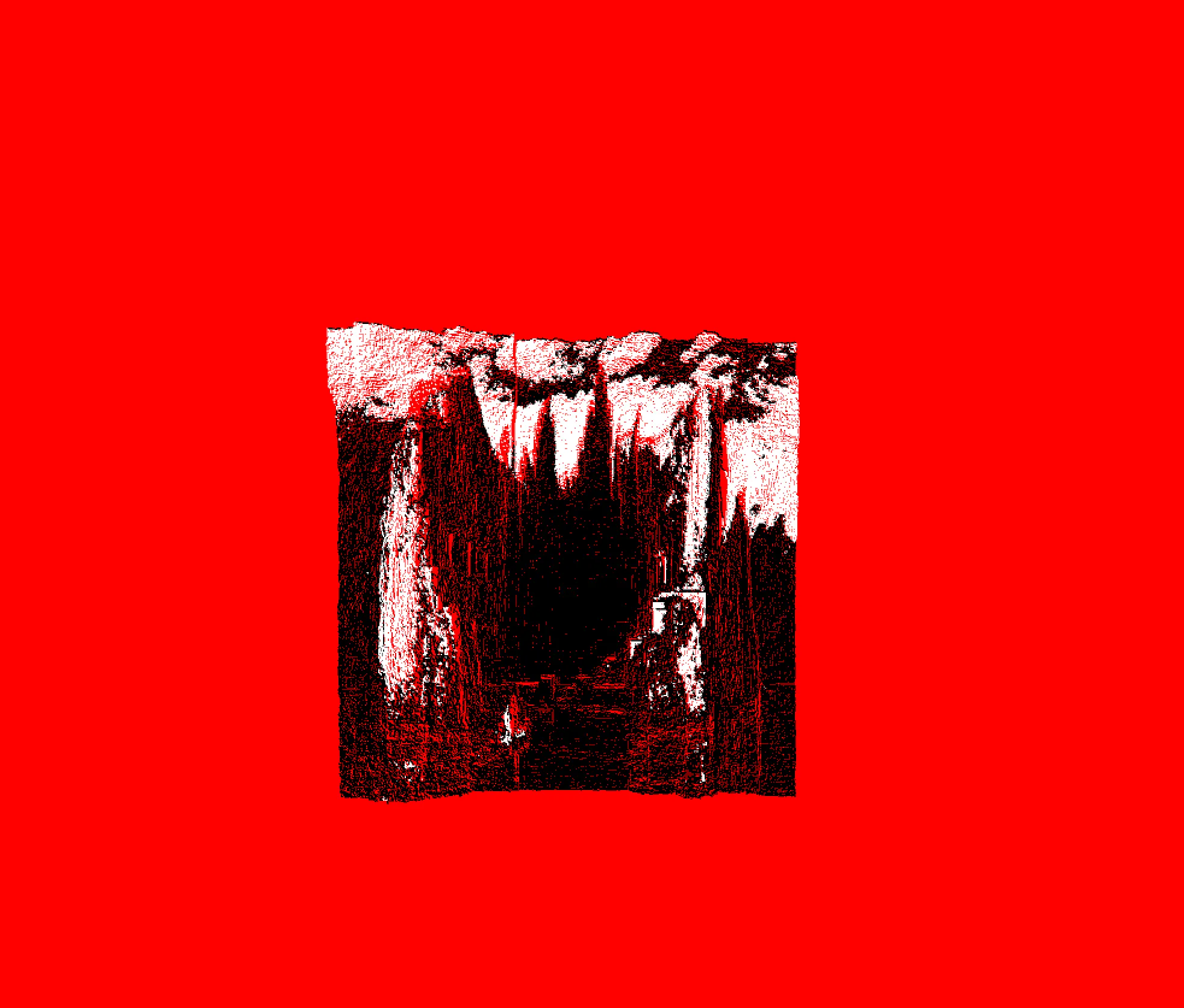 The island rendered as white and black particles on a red background, seen from afar
