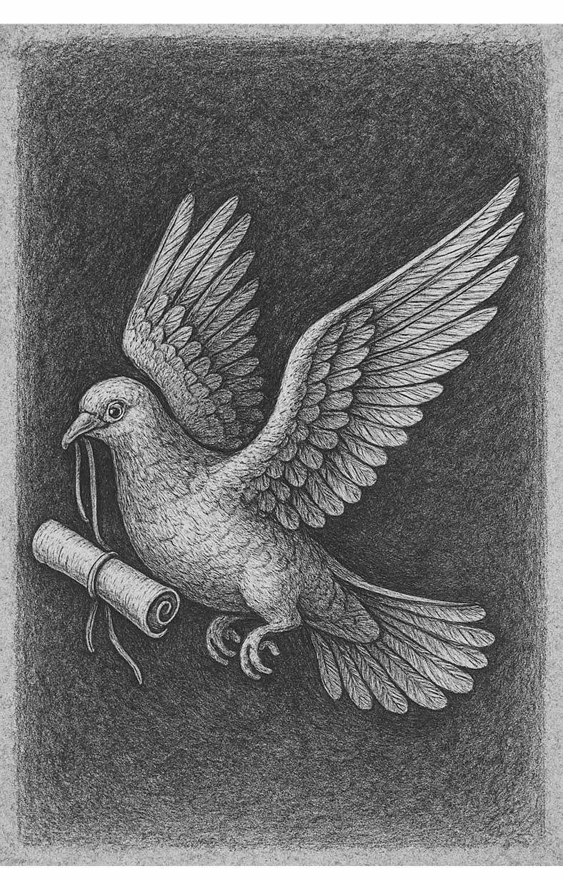Drawing of a dove carrying a rolled-up letter